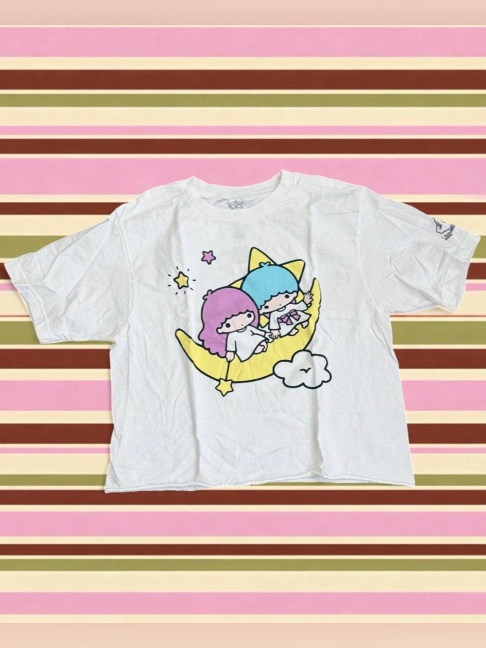 Sanrio Little Twin Stars white cotton crop top with graphic of Kiki & Lala